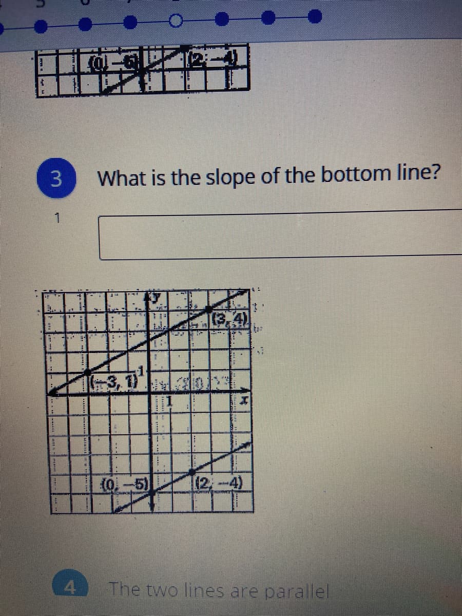 What is the slope of the bottom line?
P 理
-3, 1)
(0,-5)
[(2,-4)
4
The two lines are parallel
3.
