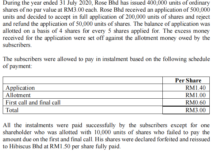 During the year ended 31 July 2020, Rose Bhd has issued 400,000 units of ordinary
shares of no par value at RM3.00 each. Rose Bhd received an application of 500,000
units and decided to accept in full application of 200,000 units of shares and reject
and refund the application of 50,000 units of shares. The balance of application was
allotted on a basis of 4 shares for every 5 shares applied for. The excess money
received for the application were set off against the allotment money owed by the
subscribers.
The subscribers were allowed to pay in instalment based on the following schedule
of payment:
Per Share
Application
RM1.40
Allotment
RM1.00
First call and final call
Total
RM0.60
RM3.00
All the instalments were paid successfully by the subscribers except for one
shareholder who was allotted with 10,000 units of shares who failed to pay the
amount due on the first and final call. His shares were declared forfeited and reissued
to Hibiscus Bhd at RM1.50 per share fully paid.
