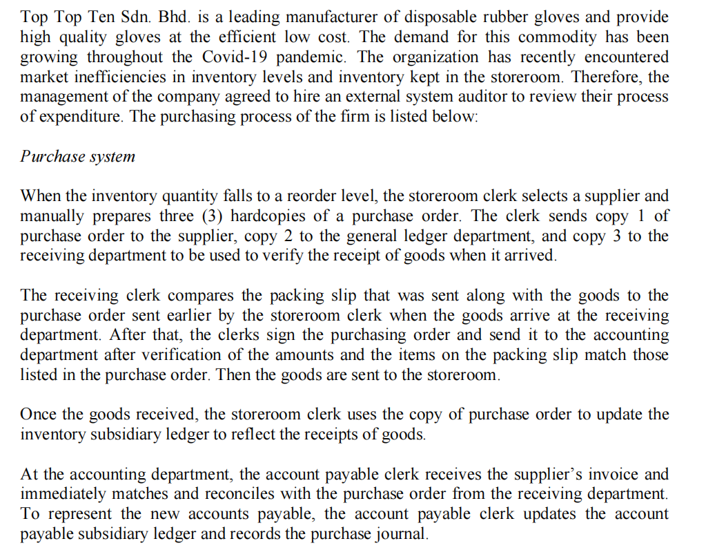 Top Top Ten Sdn. Bhd. is a leading manufacturer of disposable rubber gloves and provide
high quality gloves at the efficient low cost. The demand for this commodity has been
growing throughout the Covid-19 pandemic. The organization has recently encountered
market inefficiencies in inventory levels and inventory kept in the storeroom. Therefore, the
management of the company agreed to hire an external system auditor to review their process
of expenditure. The purchasing process of the firm is listed below:
Purchase system
When the inventory quantity falls to a reorder level, the storeroom clerk selects a supplier and
manually prepares three (3) hardcopies of a purchase order. The clerk sends copy 1 of
purchase order to the supplier, copy 2 to the general ledger department, and copy 3 to the
receiving department to be used to verify the receipt of goods when it arrived.
The receiving clerk compares the packing slip that was sent along with the goods to the
purchase order sent earlier by the storeroom clerk when the goods arrive at the receiving
department. After that, the clerks sign the purchasing order and send it to the accounting
department after verification of the amounts and the items on the packing slip match those
listed in the purchase order. Then the goods are sent to the storeroom.
Once the goods received, the storeroom clerk uses the copy of purchase order to update the
inventory subsidiary ledger to reflect the receipts of goods.
At the accounting department, the account payable clerk receives the supplier's invoice and
immediately matches and reconciles with the purchase order from the receiving department.
To represent the new accounts payable, the account payable clerk updates the account
payable subsidiary ledger and records the purchase journal.
