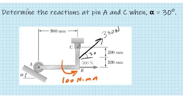 Determine the reactions at pin A and C when, a = 30°.
900 mm
300N
200 mm
300 N
200 mm
A
B
at
lo0 N. MM
