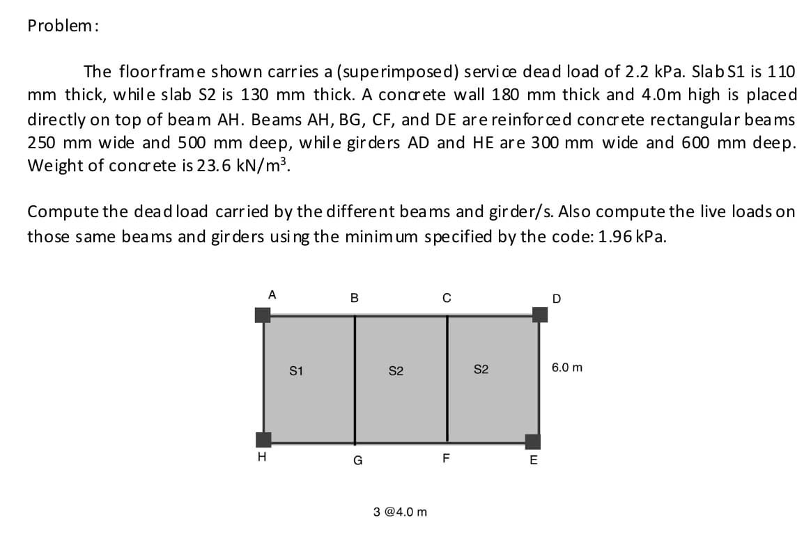 Problem:
The floorframe shown carries a (superimposed) servi ce dead load of 2.2 kPa. Slab S1 is 110
mm thick, while slab S2 is 130 mm thick. A concrete wall 180 mm thick and 4.0m high is placed
directly on top of beam AH. Beams AH, BG, CF, and DE are reinfor ced concrete rectangular beams
250 mm wide and 500 mm deep, while gir de rs AD and HE are 300 mm wide and 600 mm deep.
Weight of conar ete is 23.6 kN/m3.
Compute the dead load carr ied by the different beams and gir der/s. Also compute the live loads on
those same bea ms and gir de rs usi ng the minim um specified by the code: 1.96 kPa.
А
В
S1
S2
S2
6.0 m
H
F
E
3 @4.0 m
