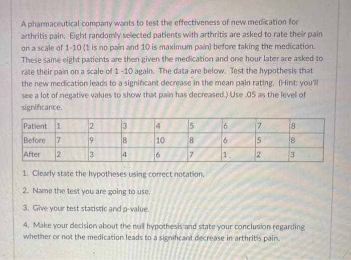 A pharmaceutical company wants to test the effectiveness of new medication for
arthritis pain. Eight randomly selected patients with arthritis are asked to rate their pain
on a scale of 1-10 (1 is no pain and 10 is maximum pain) before taking the medication.
These same eight patients are then given the medication and one hour later are asked to
rate their pain on a scale of 1-10 again. The data are below. Test the hypothesis that
the new medication leads to a significant decrease in the mean pain rating. (Hint: you'll
see a lot of negative values to show that pain has decreased.) Use .05 as the level of
significance.
Patient 1
Before 7
After 2
2
9
3
3
18
4
4
10
6
5
8
6
6
1.
7
5
2
8
8
3
1. Clearly state the hypotheses using correct notation.
2. Name the test you are going to use.
3. Give your test statistic and p-value.
4. Make your decision about the null hypothesis and state your conclusion regarding
whether or not the medication leads to a significant decrease in arthritis pain.