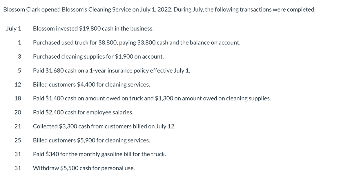 Blossom Clark opened Blossom's Cleaning Service on July 1, 2022. During July, the following transactions were completed.
July 1
1
3
5
12
18
20
21
25
31
31
Blossom invested $19,800 cash in the business.
Purchased used truck for $8,800, paying $3,800 cash and the balance on account.
Purchased cleaning supplies for $1,900 on account.
Paid $1,680 cash on a 1-year insurance policy effective July 1.
Billed customers $4,400 for cleaning services.
Paid $1,400 cash on amount owed on truck and $1,300 on amount owed on cleaning supplies.
Paid $2,400 cash for employee salaries.
Collected $3,300 cash from customers billed on July 12.
Billed customers $5,900 for cleaning services.
Paid $340 for the monthly gasoline bill for the truck.
Withdraw $5,500 cash for personal use.