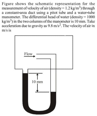 Figure shows the schematic representation for the
measurement of velocity of air (density= 1.2 kg/m³) through
a constant-area duct using a pitot tube and a water-tube
manometer. The differential head of water (density 1000
kg/m³) in the two columns of the manometer is 10 mm. Take
acceleration due to gravity as 9.8 m/s2. The velocity of air in
m/s is
Flow
10 mm
