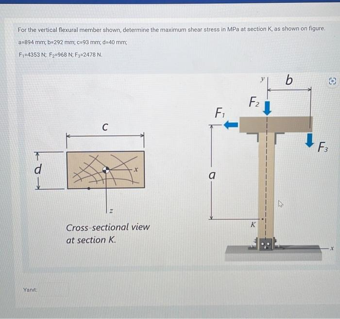 For the vertical flexural member shown, determine the maximum shear stress in MPa at section K, as shown on figure.
a=894 mm; b=292 mm; c=93 mm; d=40 mm;
F₁-4353 N; F₂=968 N; F3-2478 N.
d
Yanıt:
C
X
Cross-sectional view
at section K.
F₁
a
F2₂
K
b
F3