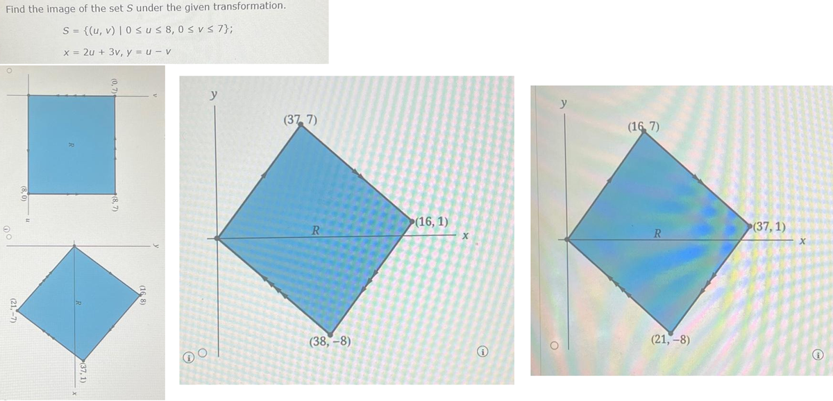 Find the image of the set S under the given transformation.
S = {(u, v) | 0 ≤u≤ 8,0 ≤ v≤ 7};
x = 2u + 3v, y = u - v
(21,-7)
(8,0) U
(37,1)
(8.7)
(16,8)
y
(37,7)
R
(38,-8)
(16, 1)
X
y
(16 7)
R
(21,-8)
(37, 1)
X