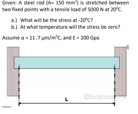 Given: A steel rod (A= 150 mm²) is stretched between
two fixed points with a tensile load of 5000 N at 20°C.
a.) What will be the stress at -20°C?
b.) At what temperature will the stress be zero?
Assume a = 11.7 um/m°C, and E = 200 Gpa
©sidewar
L
