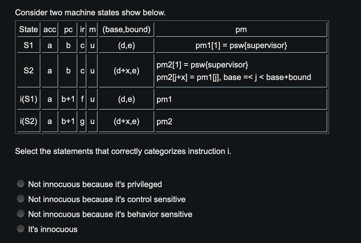 Consider two machine states show below.
State acc pc ir m (base,bound)
pm
S1
a
b cu
(d,e)
pm1[1] = psw{supervisor}
pm2[1] = psw{supervisor}
S2
a
b
Cu
(d+x,e)
pm2[j+x] = pm1[), base =< j< base+bound
i(S1)
b+1 fu
(d,e)
a
pm1
i(S2)
b+1|g u
(d+x,e)
pm2
a
Select the statements that correctly categorizes instruction i.
Not innocuous because it's privileged
Not innocuous because it's control sensitive
Not innocuous because it's behavior sensitive
It's innocuous
