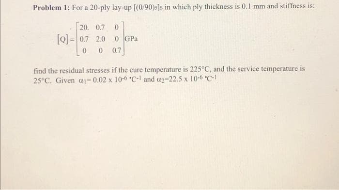 Problem 1: For a 20-ply lay-up [(0/90)s]s in which ply thickness is 0.1 mm and stiffness is:
20. 0.7
[Q = 0.7 2.0
0 GPa
0 0.7
find the residual stresses if the cure temperature is 225°C, and the service temperature is
25°C. Given aj=0.02 x 10-6 *C-1 and a2-22.5 x 10-6 *C-1
