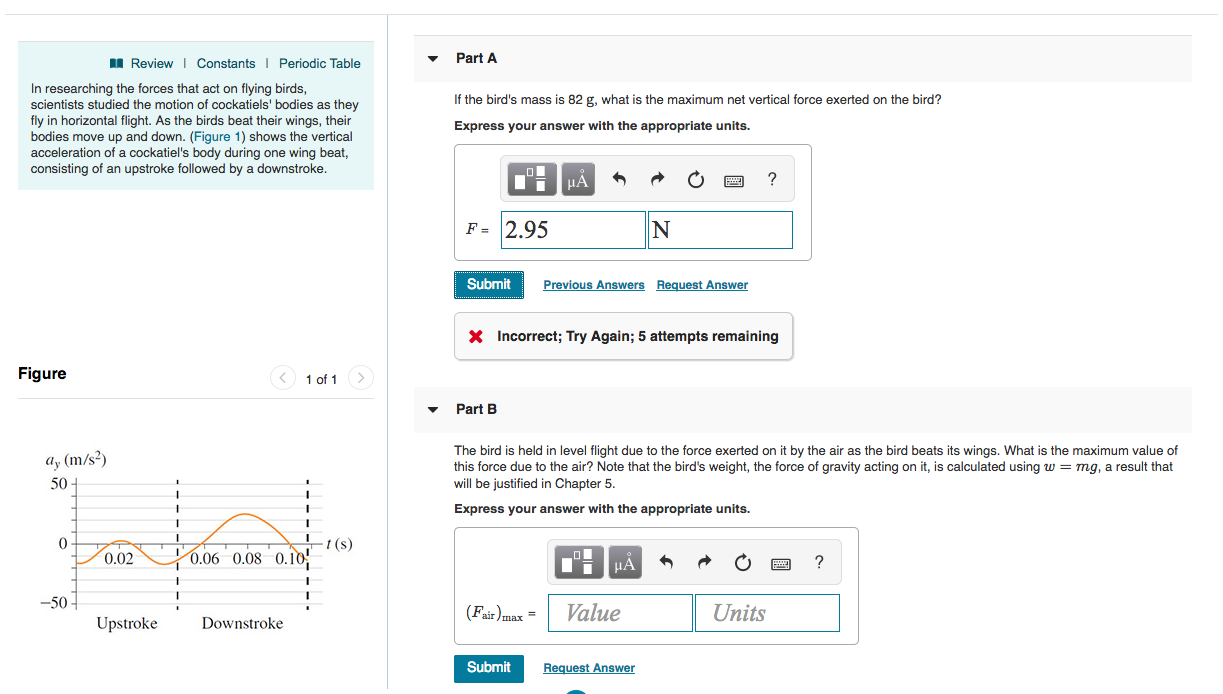 Part A
ReviewI Constants
Periodic Table
In researching the forces that act on flying birds
scientists studied the motion of cockatiels' bodies as they
fly in horizontal flight. As the birds beat their wings, their
bodies move up and down. (Figure 1) shows the vertical
acceleration of a cockatiel's body during one wing beat,
consisting of an upstroke followed by a downstroke
If the bird's mass is 82 g, what is the maximum net vertical force exerted on the bird?
Express your answer with the appropriate units.
F-2.95
SubmitPn
Previous Answers
Request Answer
X
Incorrect; Try Again; 5 attempts remaining
Figure
1 of 1
Part B
"y (m/s2)
50
The bird is held in level flight due to the force exerted on it by the air as the bird beats its wings. What is the maximum value of
this force due to the air? Note that the bird's weight, the force of gravity acting on it, is calculated using w mg, a result that
will be justified in Chapter 5
Express your answer with the appropriate units.
0
I-t (s)
0.02
0.06 0.08 0.10
50
(FairxValue
Units
Upstroke
Downstroke
Submit
Request Answer
