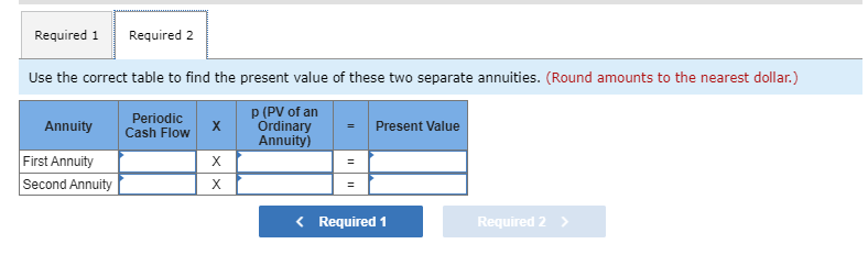 Required 1 Required 2
Use the correct table to find the present value of these two separate annuities. (Round amounts to the nearest dollar.)
p (PV of an
Ordinary
Annuity)
Annuity
First Annuity
Second Annuity
Periodic
Cash Flow
X
X
X
Present Value
< Required 1
Required 2 >