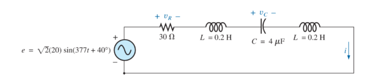 e = √2(20) sin(3771 + 40°)
+ UR
ww
30 Ω
L = 0.2 H
+ UC
HE
C = 4μF
000
L = 0.2 H