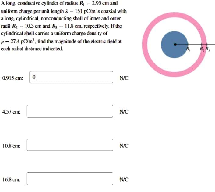 A long, conductive cylinder of radius R1 = 2.95 cm and
uniform charge per unit length i = 151 pC/m is coaxial with
a long, cylindrical, nonconducting shell of inner and outer
radii R, = 10.3 cm and Rg = 11.8 cm, respectively. If the
cylindrical shell carries a uniform charge density of
p= 27.4 pC/m, find the magnitude of the electric field at
each radial distance indicated.
0.915 cm:
N/C
4.57 cm:
N/C
10.8 cm:
N/C
16.8 cm:
N/C
