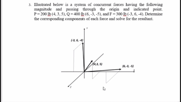 3. Illustrated below is a system of concurrent forces having the following
magnitude and passing through the origin and indicated point.
P=200 lb (4, 3, 5), Q=400 lb (6, -3, -5), and F=300 lb (-3, 6, -4). Determine
the corresponding components of each force and solve for the resultant.
(-3, 6,-4)
(6,-3,-5)
(4,3,5)
D