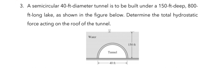 3. A semicircular 40-ft-diameter tunnel is to be built under a 150-ft-deep, 800-
ft-long lake, as shown in the figure below. Determine the total hydrostatic
force acting on the roof of the tunnel.
Water
150 ft
Tunnel
40 ft
