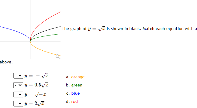 above.
√x
y = 0.5√x
✓y=√√√x
y = 2₁√√T
D
The graph of y
a. orange
b. green
c. blue
d. red
=
√ is shown in black. Match each equation with a