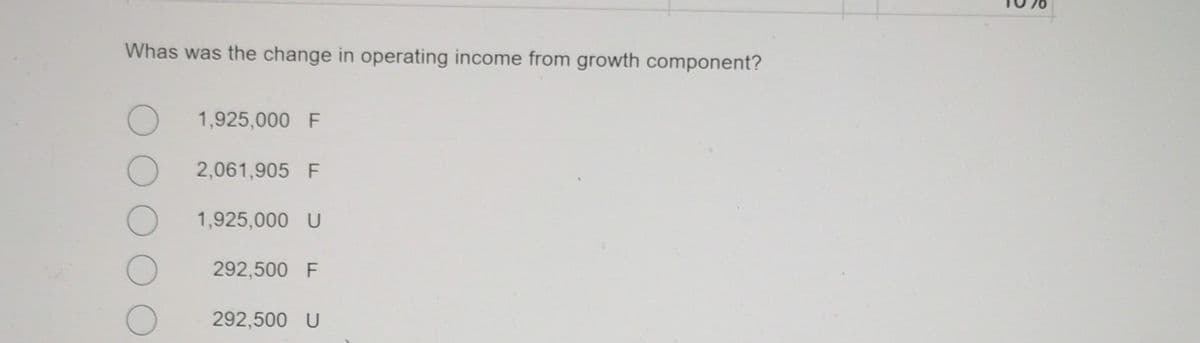 Whas was the change in operating income from growth component?
1,925,000 F
2,061,905 F
1,925,000 U
292,500 F
292,500 U