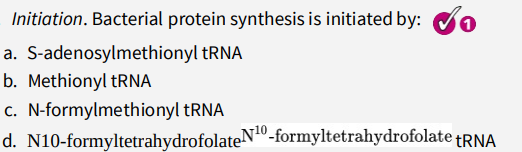 Initiation. Bacterial protein synthesis is initiated by:
a. S-adenosylmethionyl tRNA
b. Methionyl TRNA
c. N-formylmethionyl tRNA
d. N10-formyltetrahydrofolateN"-formyltetrahydrofolate †RNA
„N10
