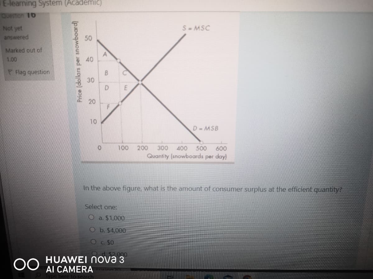 E-learning System (Academic)
Ouestion 16
Not yet
answered
S-MSC
50
Marked out of
1.00
Flag question
20
10
D=MSB
100
200
300
400
500
600
Quantity (snowboards per day)
In the above figure what is the amount of consumer surplus at the efficient quantity?
Select one:
O a. $1,000
O b. $4,000
Oc. $0
00
od. $2,000
HUAWEI Nova 3
AI CAMERAn
e to search
Price (dollars per snowboard)
