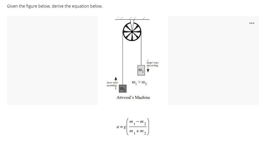 Given the figure below, derive the equation below.
...
lagr mas
descendng
m,
lower mass
acentng
m,
m, >m,
Atwood's Machine
m,-m2
a=g
m, +m,
1
