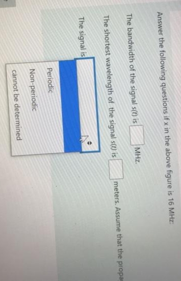 Answer the following questions if x in the above figure is 16 MHz:
The bandwidth of the signal s(t) is
MHz.
The shortest wavelength of the signal s(t) is
meters. Assume that the propa
The signal is
Periodic
Non-periodic
cannot be determined
