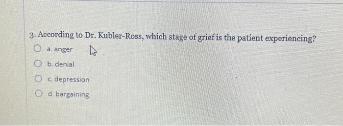 3. According to Dr. Kubler-Ross, which stage of grief is the patient experiencing?
O a. anger
4
O b. denial.
O
c. depression
O d. bargaining