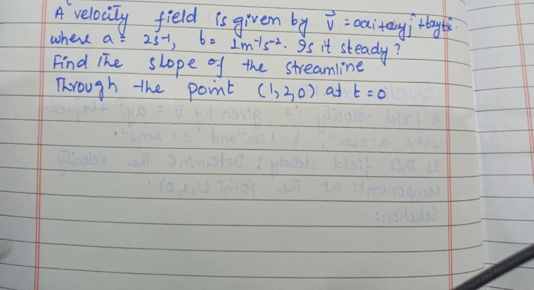 velocity field is given
by ū secitey Hoys
A
where af 251, bo Imts. ŷs it steady?
Find The slope of the streamline
Through the pomt Cls20) att0
%3D
