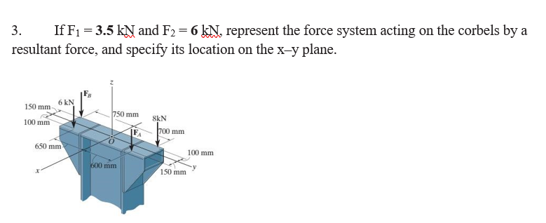 3.
If F1 = 3.5 kN and F2 = 6 kN, represent the force system acting on the corbels by a
resultant force, and specify its location on the x-y plane.
150 mm
750 mm
8kN
100 mm
700 mm
650 mm
100 mm
600 mm
150 mm
