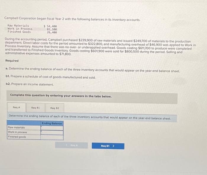 Campbell Corporation began fiscal Year 2 with the following balances in its Inventory accounts.
$ 54,400
Raw Materials
Work in Process
Finished Goods
82,100
26,400
During the accounting period, Campbell purchased $239,900 of raw materials and issued $249,700 of materials to the production
department. Direct labor costs for the period amounted to $322,800, and manufacturing overhead of $46,900 was applied to Work in
Process Inventory. Assume that there was no over- or underapplied overhead. Goods costing $611,700 to produce were completed
and transferred to Finished Goods Inventory. Goods costing $601,900 were sold for $800,500 during the period. Selling and
administrative expenses amounted to $71,800.
Required
a. Determine the ending balance of each of the three inventory accounts that would appear on the year-end balance sheet.
b1. Prepare a schedule of cost of goods manufactured and sold.
b2. Prepare an income statement.
Complete this question by entering your answers in the tabs below.
Reg A
Req B1
Req 82
Determine the ending balance of each of the three inventory accounts that would appear on the year-end balance sheet.
Ending Balance
Raw materials
Work in process
Finished goods
Hey A
Req B1 >