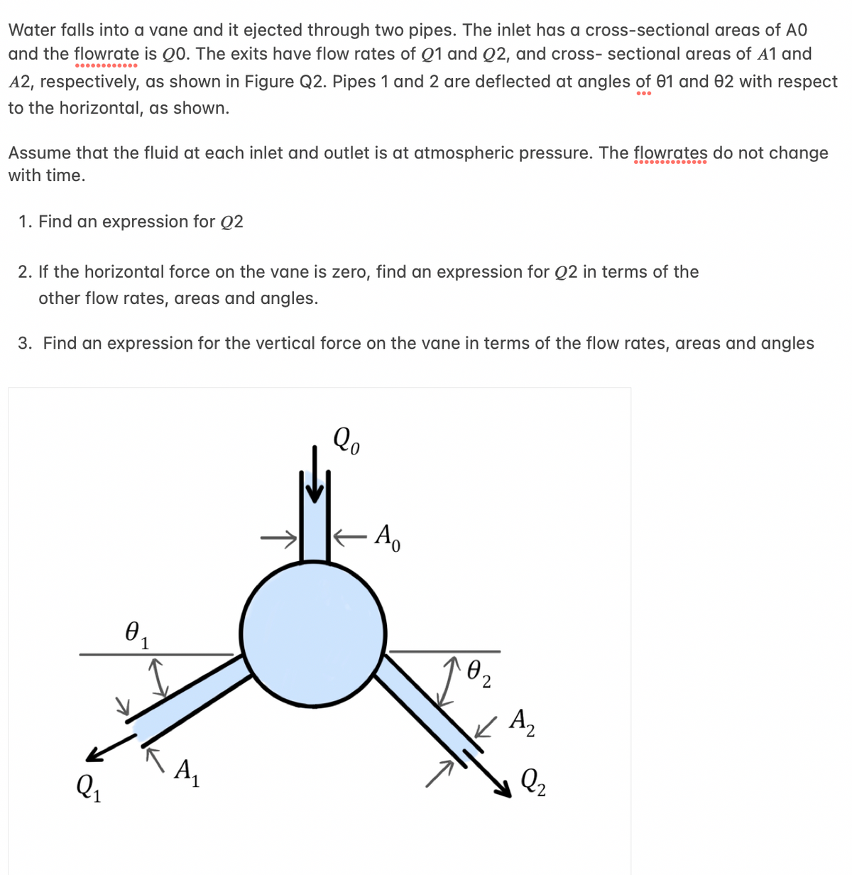 Water falls into a vane and it ejected through two pipes. The inlet has a cross-sectional areas of AO
and the flowrate is Q0. The exits have flow rates of Q1 and Q2, and cross-sectional areas of A1 and
A2, respectively, as shown in Figure Q2. Pipes 1 and 2 are deflected at angles of 01 and 02 with respect
to the horizontal, as shown.
Assume that the fluid at each inlet and outlet is at atmospheric pressure. The flowrates do not change
with time.
1. Find an expression for Q2
2. If the horizontal force on the vane is zero, find an expression for Q2 in terms of the
other flow rates, areas and angles.
3. Find an expression for the vertical force on the vane in terms of the flow rates, areas and angles
Q₂₁
1
Ꮎ .
1
A₁
Qo
Ao
0.
2
A₂
Q₂