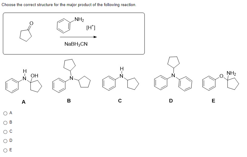 Choose the correct structure for the major product of the following reaction.
A
NH₂
[H]
cid coco coop
OH
N
A
B
D
E
OE
NaBH3CN
C
NH₂