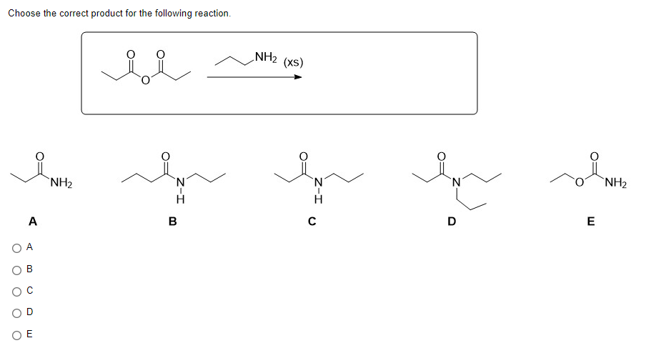 Choose the correct product for the following reaction.
A
OE
NH₂
i i
N
H
B
NH2 (XS)
N
H
C
D
E
NH₂