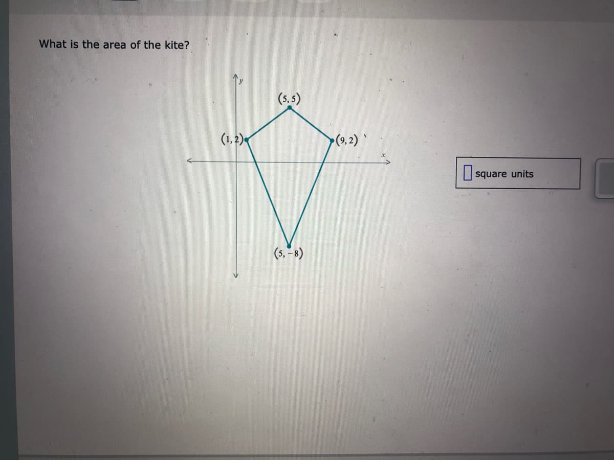 What is the area of the kite?
(s.5)
(1,2)
(9,2)
square units
(s.-8)
