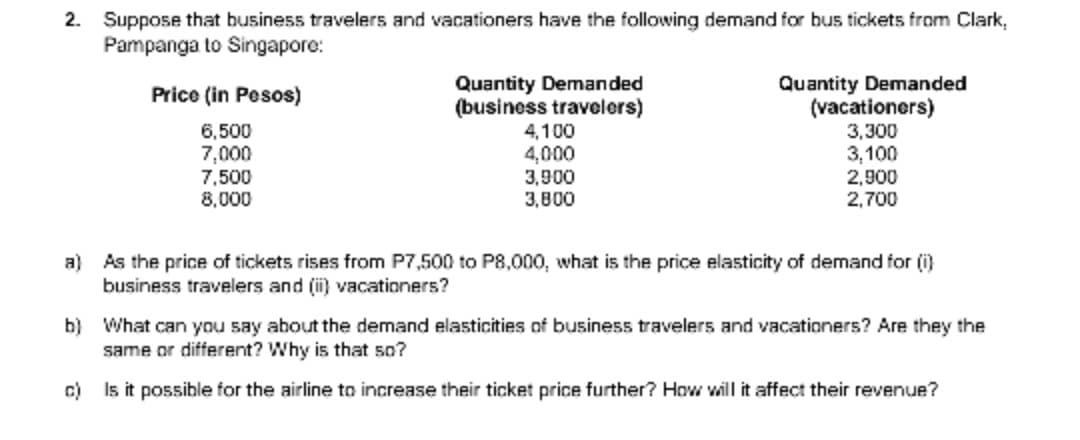 2. Suppose that business travelers and vacationers have the following demand for bus tickets from Clark,
Pampanga to Singapore:
Quantity Demanded
(business travelers)
4,100
4,000
3,900
3,800
Quantity Demanded
(vacationers)
3,300
3,100
2,900
2,700
Price (in Pesos)
6,500
7,000
7,500
8,000
a) As the price of tickets rises from P7,500 to P8,000, what is the price elasticity of demand for (i)
business travelers and (i) vacationers?
b) What can you say about the demand elasticities of business travelers and vacationers? Are they the
same or different? Why is that so?
c) Is it possible for the airline to increase their ticket price further? How will it affect their revenue?
