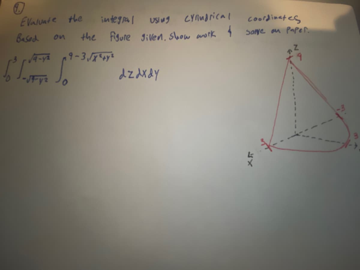 Evaluate the
Based
√4-4²2
-JT-y2
on
integral using
the figure given. Show work
9-3√√x² + y²
cylindrical
dzdx dy
coordinates
Sare on Paper.