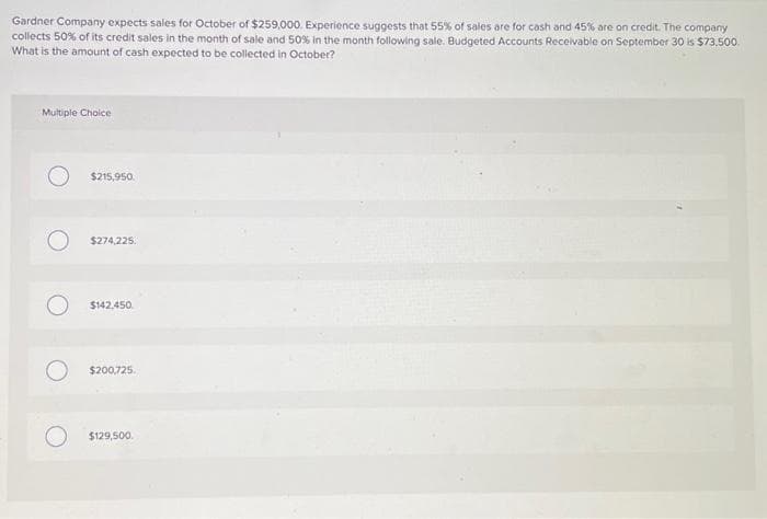 Gardner Company expects sales for October of $259,000. Experience suggests that 55% of sales are for cash and 45% are on credit. The company
collects 50% of its credit sales in the month of sale and 50% in the month following sale. Budgeted Accounts Receivable on September 30 is $73,500.
What is the amount of cash expected to be collected in October?
Multiple Choice
$215,950.
$274,225.
$142,450.
$200,725.
$129,500.