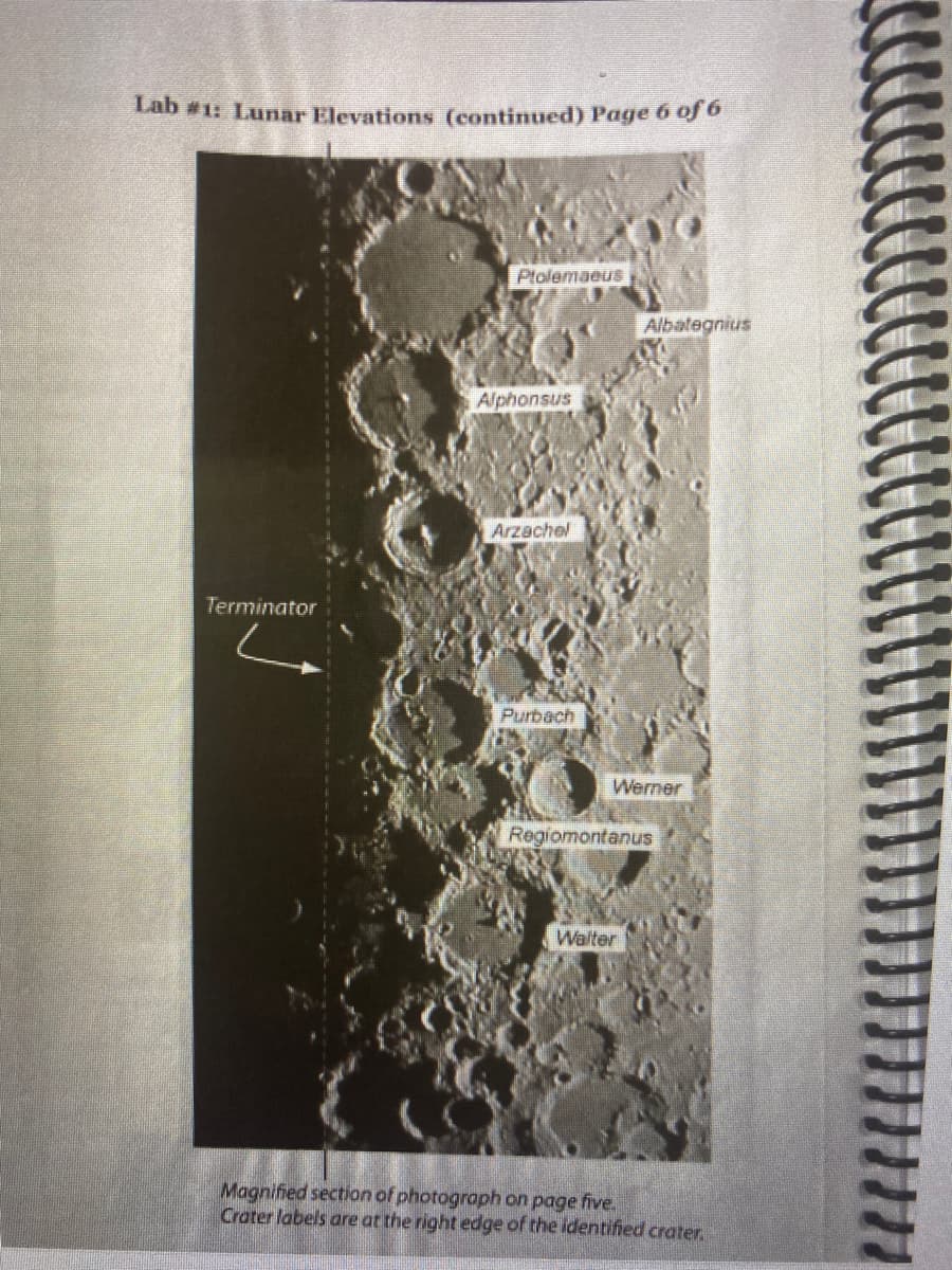 LAb #1: Lunar Elevations (continued) Page 6 of 6
Ptolemaeus
Albategnius
Alphonsus
Arzachel
Terminator
Purbach
Werner
Regiomontanus
Walter
Magnified section of photograph on page five.
Crater labels are at the right edge of the identified crater.
