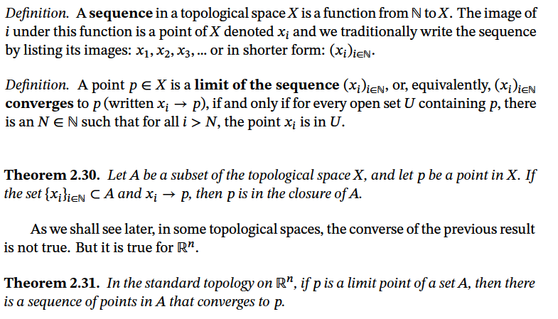 Theorem 2.31. In the standard topology on R", if p is a limit point of a set A, then there
is a sequence of points in A that converges to p.
