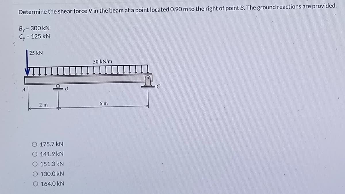 Determine the shear force Vin the beam at a point located 0.90 m to the right of point B. The ground reactions are provided.
By = 300 kN
Cy = 125 kN
25 kN
50 kN/m
B
2 m
6 m
O 175.7 kN
O 141.9 kN
O 151.3 kN
O 130.0 kN
O 164.0 kN
