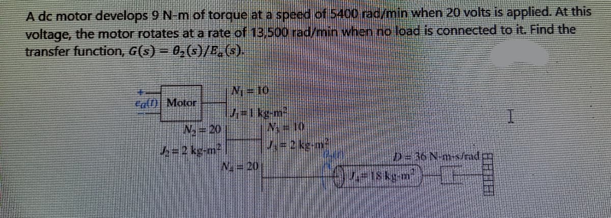 A dc motor develops 9 N-m of torque at a speed of 5400 rad/min when 20 volts is applied. At this
voltage, the motor rotates at a rate of 13,500 rad/min when no load is connected to it. Find the
transfer function, G(s) = 0,(s)/E,(s).
Fal0) Motor
N-10
D-36N m-slrad
N-20,
