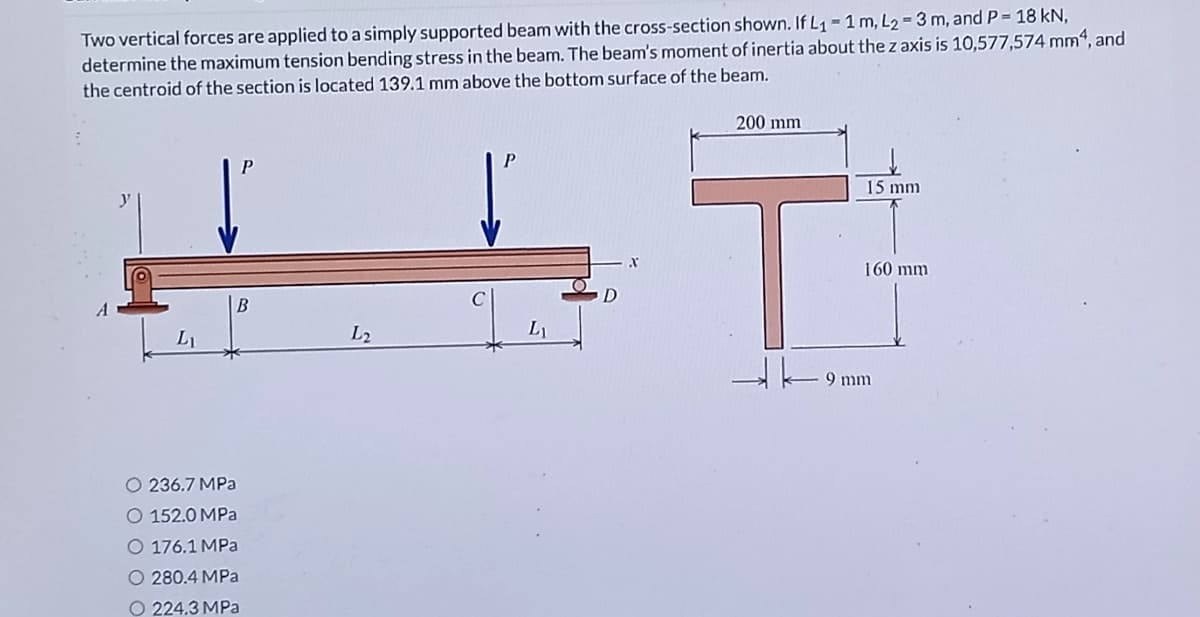 Two vertical forces are applied to a simply supported beam with the cross-section shown. If L1-1 m, L2 = 3 m, and P = 18 kN,
determine the maximum tension bending stress in the beam. The beam's moment of inertia about the z axis is 10,577,574 mm“, and
the centroid of the section is located 139.1 mm above the bottom surface of the beam.
200 mm
P
P
15 mm
160 mm
L1
L2
9 mm
O 236.7 MPa
O 152.0 MPa
O 176.1 MPa
O 280.4 MPa
O 224.3 MPa
