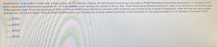 Amazing Inc. is an online retailer with a toot of over 25,000 delivery vehicles. All vehicles are serviced semi-annualy by Peak Performance Automotive Services nc in December 2019.
when booking tire replacement services for 10 of its vehicles, each needing the replace of all four tires, Peak Perfomance indorms Amazing Ino that it m out of stock on the fro that each
of its vehiclos need. Each tiro is priced at $125 and Peak Porformance will have to provide a $25 rebato for each tire thal is out of stock lo Amazing Inc. when the tires are back in-stook
and service can be provided. What is Peak Pertormance's cost of being out of stock related spocifically to the transaction for servioing Amazing incs 10 vehides in December 2010?
Oa. $7000
Ob. $5800
Oc $8500
Od. S8000
