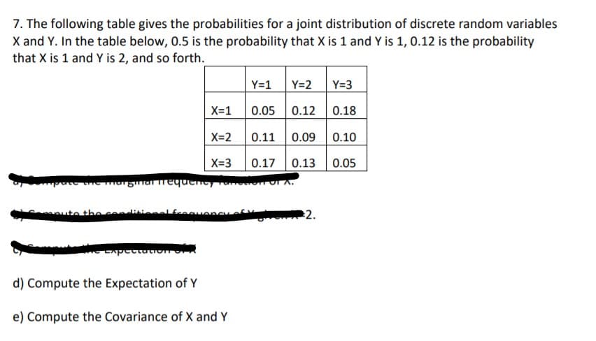 7. The following table gives the probabilities for a joint distribution of discrete random variables
X and Y. In the table below, 0.5 is the probability that X is 1 and Y is 1, 0.12 is the probability
that X is 1 and Y is 2, and so forth.
Y=1
Y=2
Y=3
X=1
0.05
0.12
0.18
X=2
0.11
0.09
0.10
X=3
0.17
0.13
0.05
ute thecon
d) Compute the Expectation of Y
e) Compute the Covariance of X and Y
