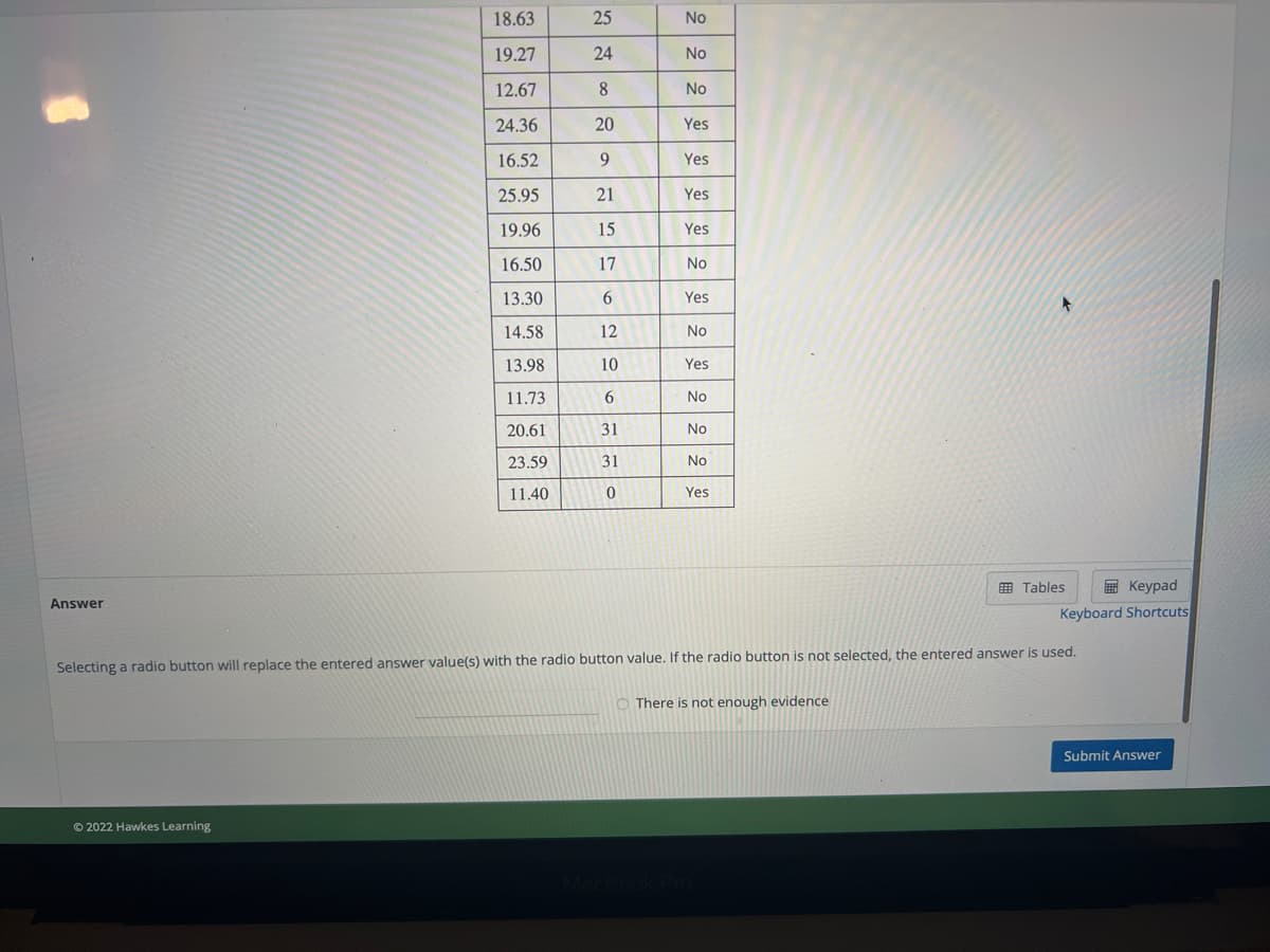 Answer
18.63
19.27
12.67
24.36
16.52
25.95
19.96
16.50
13.30
14.58
13.98
11.73
20.61
23.59
11.40
Ⓒ2022 Hawkes Learning
25
24
8
20
9
21
15
17
6
12
10
6
31
31
| c
0
No
No
No
Yes
Yes
Yes
Yes
No
Yes
No
Yes
No
|
No
No
Yes
Tables
Keypad
Keyboard Shortcuts
Selecting a radio button will replace the entered answer value(s) with the radio button value. If the radio button is not selected, the entered answer is used.
There is not enough evidence
Submit Answer