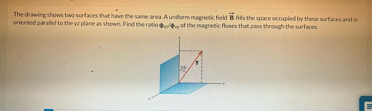 The drawing shows two surfaces that have the same area. A uniform magnetic field B fills the space occupied by these surfaces and is
oriented parallel to the yz plane as shown. Find the ratio xz/xy of the magnetic fluxes that pass through the surfaces.
35
T
III