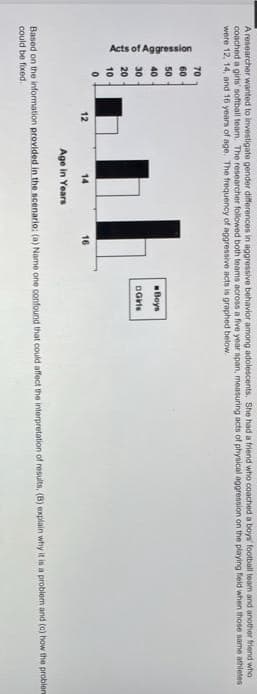 A researcher wanted to investigate gender differences in aggressive behavior among adolescents. She had a friend who coached a boys' football team and another friend who
coached a girls' softball team. The researcher followed both teams across a five year span, measuring acts of physical aggression on the playing field when those same athletes
were 12, 14, and 16 years of age. The frequency of aggressive acts is graphed below.
Acts of Aggression
70
60
50
40
30
20
10
0
12
14
16
•Boys
Girls
Age in Years
Based on the information provided in the scenario: (a) Name one confound that could affect the interpretation of results, (B) explain why it is a problem and (c) how the probiere
could be fixed.