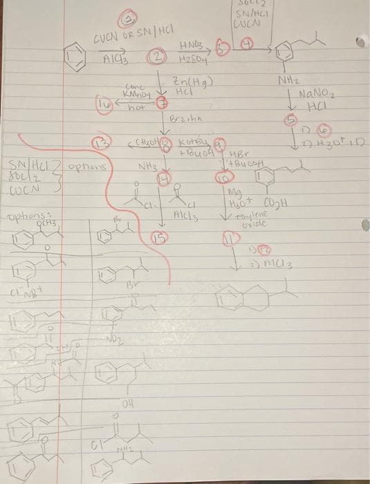 CUCN OR SN/HCI
AIC
(2)
SNHL Z options
80212
LOCN
Diptions (3
D
Loi
Cent
KMnOL
-ND₂
CI
→
B
had
04
<H₂ot Kutey
+Bu04
NH3
NH₂
HNO3
H2804
Zn(Hg)
Hel
Ru
AILI 3
Bo
5602
SN/HCI
CUEN
HBr
7 висон
N
gue
NH₂
caylene
oxide
Mg
Một Cánh
NaNO₂
на
√27 4 30+ 11
2) P1(13