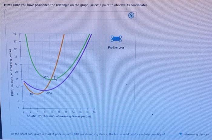 Hint: Once you have positioned the rectangle on the graph, select a point to observe its coordinates.
PRICE (Dollars per streaming device)
40
36
32
24
O
12
8
4
0
0
MC
ATC
AVC
2
4
3
1 10 12 14 16 18
QUANTITY (Thousands of streaming devices per day)
20
Profit or Loss
?
In the short run, given a market price equal to $20 per streaming device, the firm should produce a daily quantity of
streaming devices.