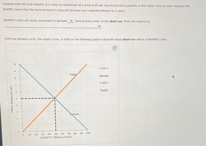 Suppose that the tuna industry is in long-run equilibrium at a price of $5 per can of tuna and a quantity of 500 million cans per year. Suppose that
WebMD claims that the bacteria found in tuna will decrease your expected lifespan by 2 years.
WebMD's claim will cause consumers to demand
Shift the demand curve, the supply curve, or both on the following graph to illustrate these short-run effects of WebMD's claim.
?
PRICE (Dollars per can)
10
9
8
0
O
tuna at every price. In the short run, firms will respond by
100 200
Supply
Demand
300 400 500 600 700 800
QUANTITY (Millions of cans)
000 1000
Demand
1
Supply