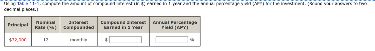 Using Table 11-1, compute the amount of compound interest (in $) earned in 1 year and the annual percentage yield (APY) for the investment. (Round your answers to two
decimal places.)
Principal
$32,000
Nominal
Rate (%)
12
Interest
Compounded
monthly
Compound Interest
Earned in 1 Year
Annual Percentage
Yield (APY)
%